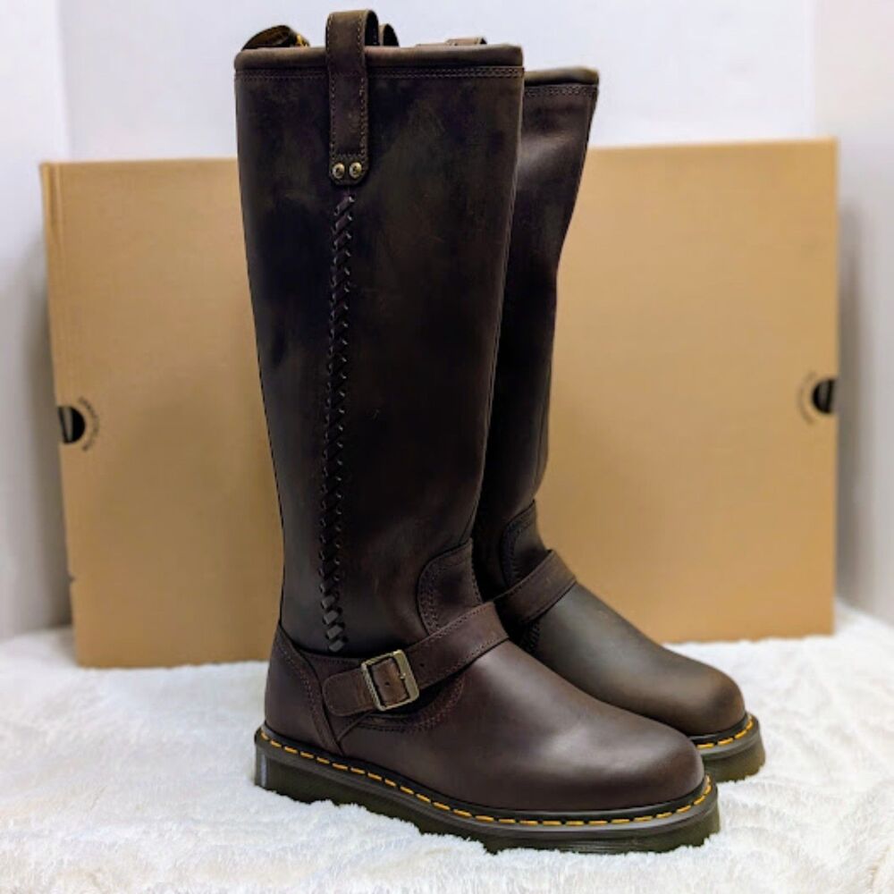 Dr. Martens Anistone Knee High Crazy Horse Brown Leather Biker Boots UK 8 NIB